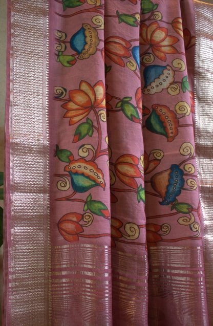 Chanderi Assami print Pink saree with overall print and printed blouse