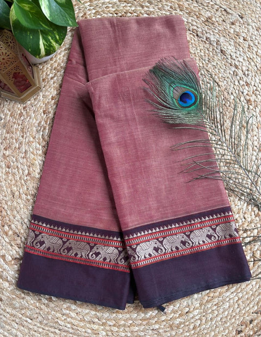 Narayanpet cotton Onion pink double shade saree with purple border and running blouse
