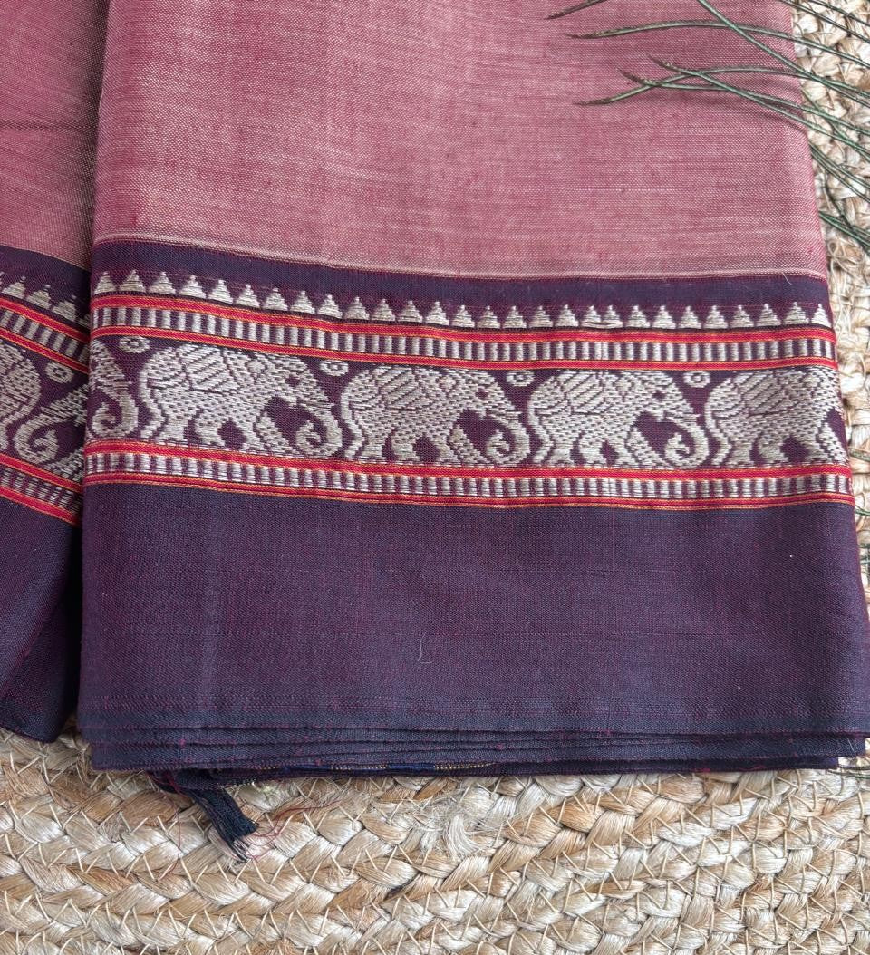 Narayanpet cotton Onion pink double shade saree with purple border and running blouse