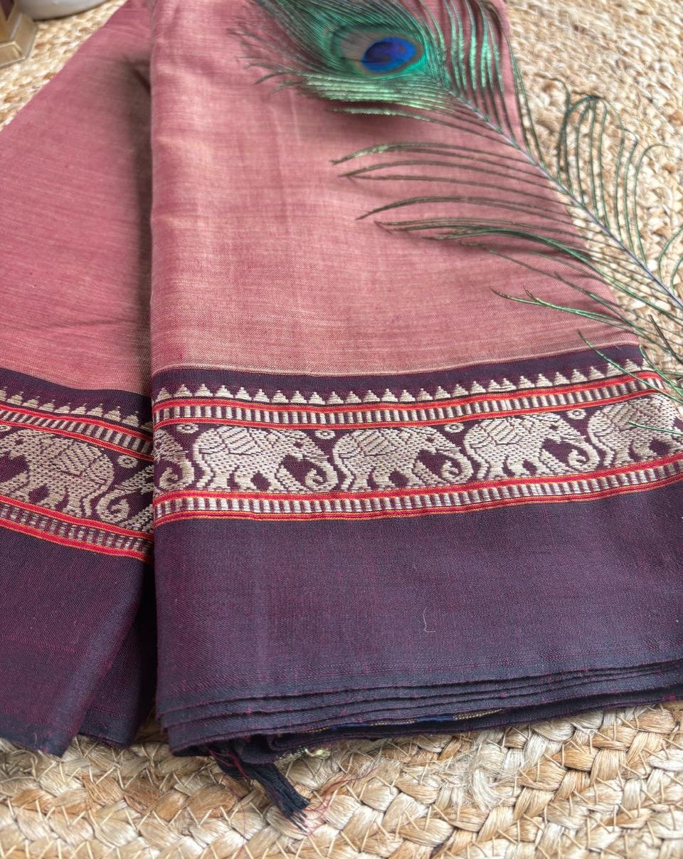 Narayanpet cotton Onion pink double shade saree with purple border and running blouse