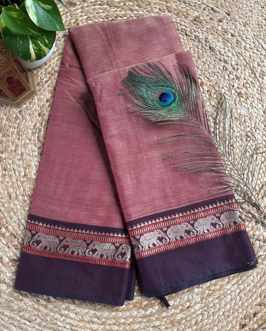 Narayanpet cotton Onion pink double shade saree with purple border and running blouse