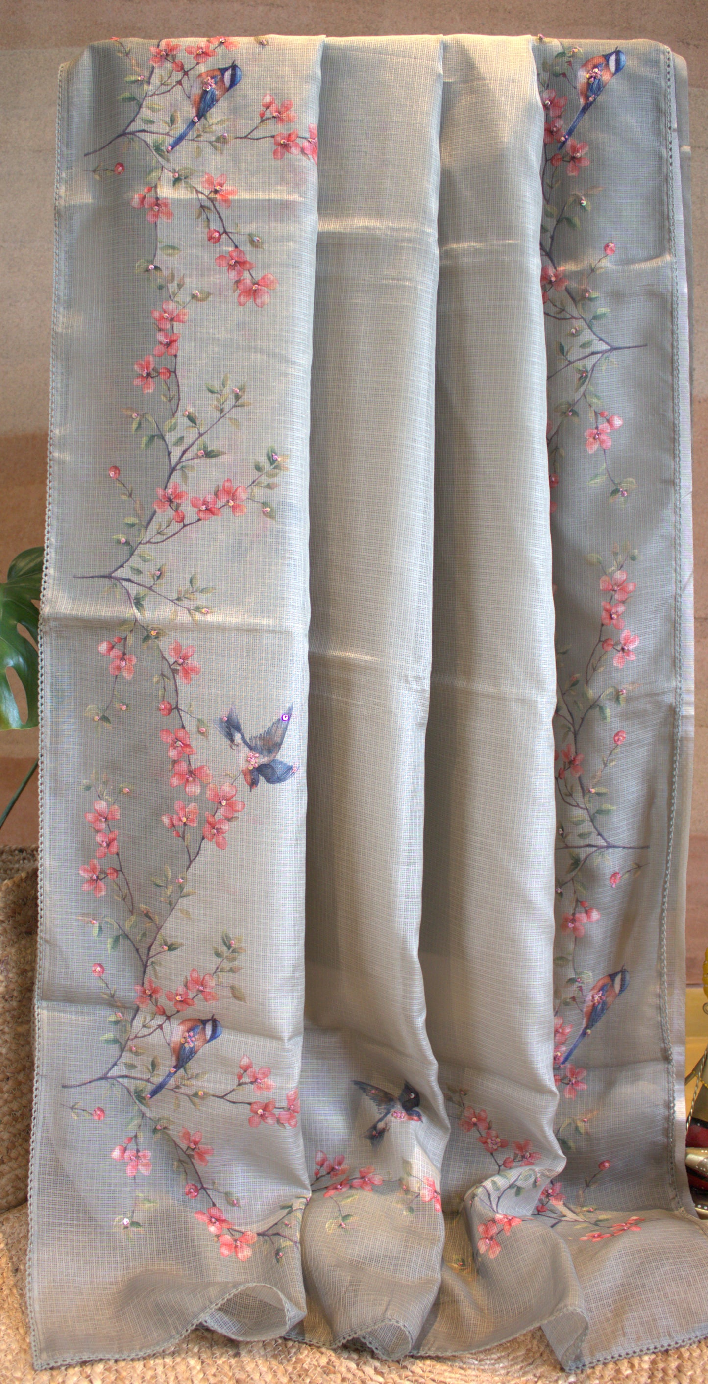 Kota Green saree with Beautiful prints and hand work and printed blouse