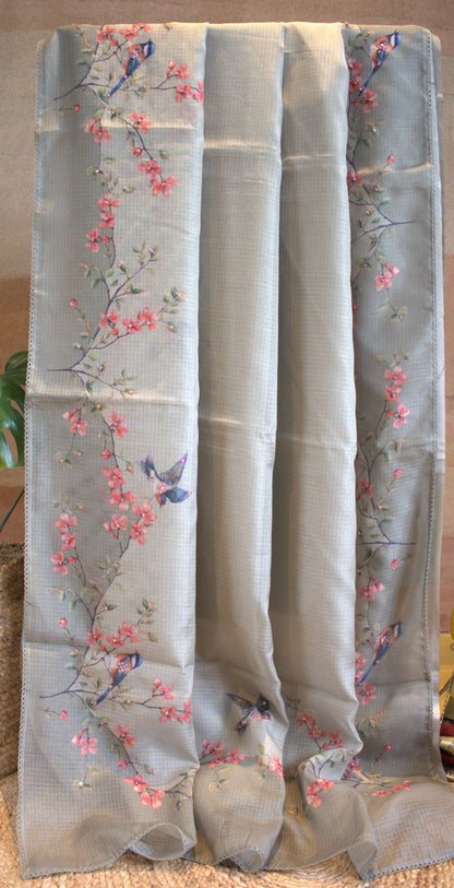 Kota Green saree with Beautiful prints and hand work and printed blouse