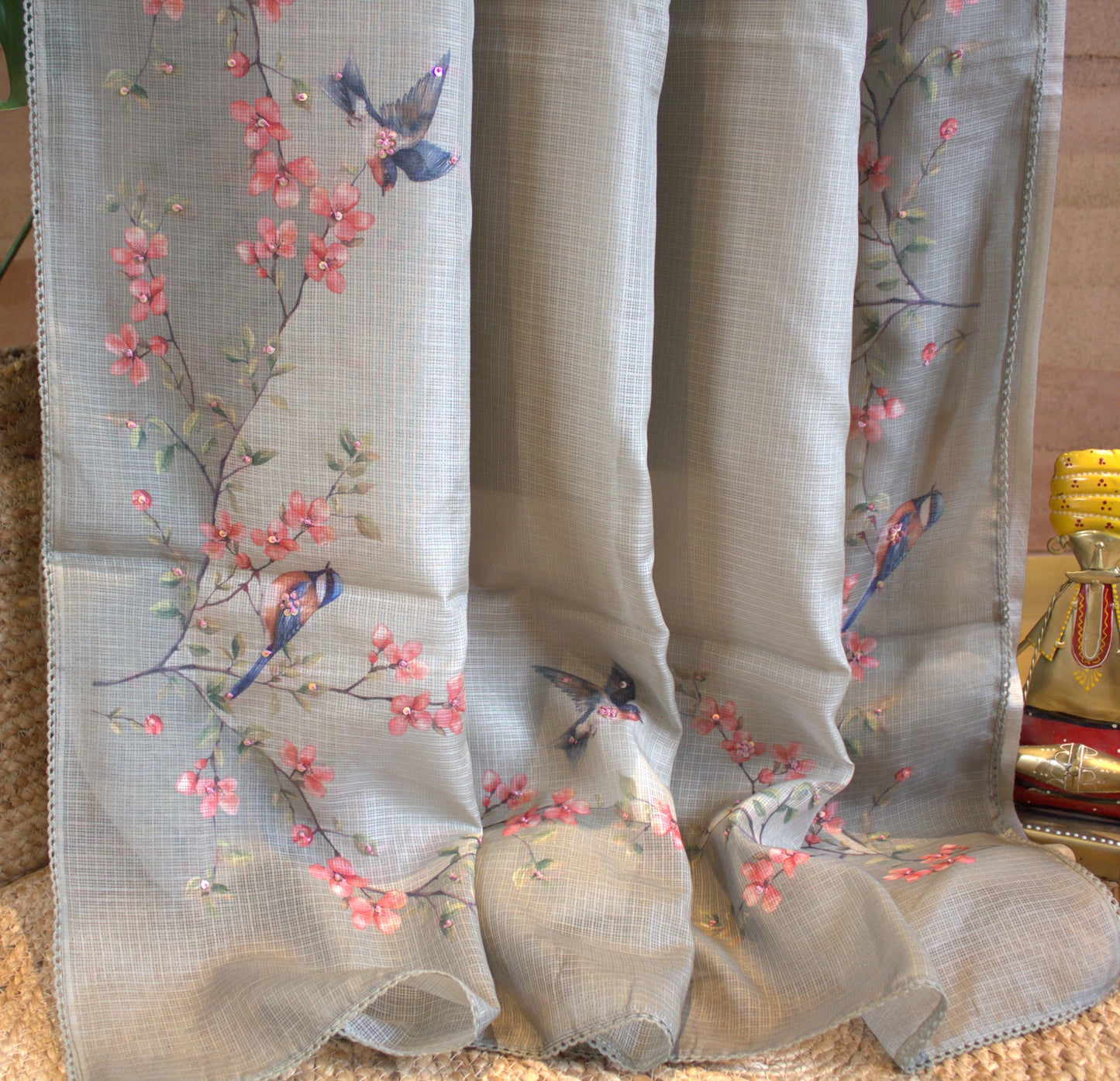 Kota Green saree with Beautiful prints and hand work and printed blouse