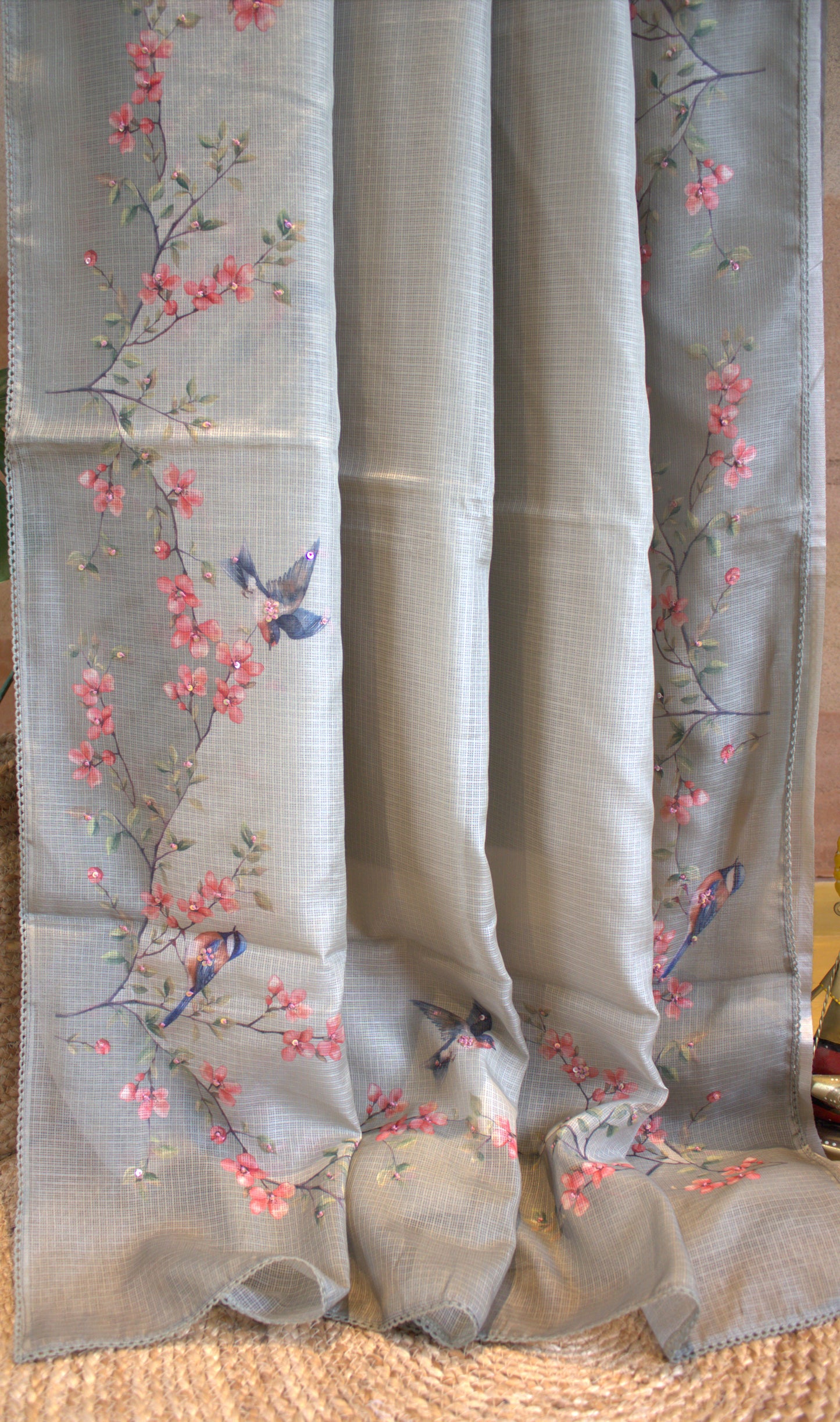 Kota Green saree with Beautiful prints and hand work and printed blouse