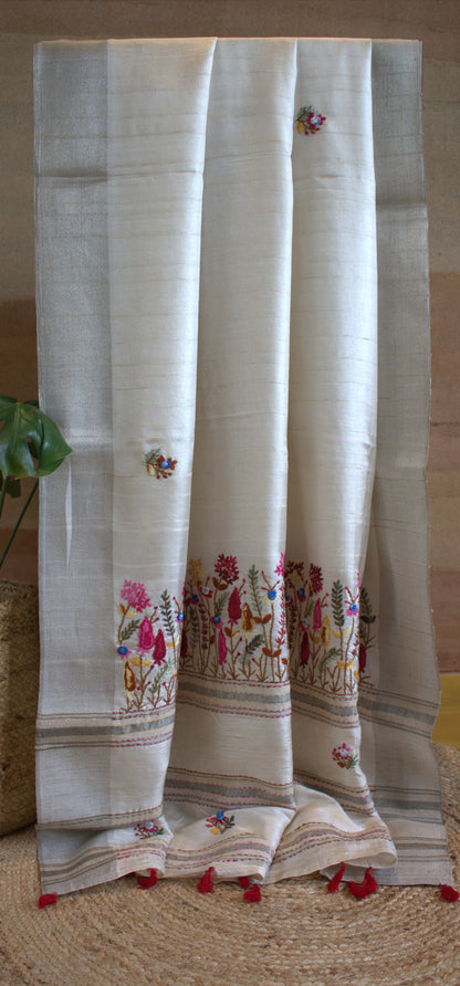 Semi Tussar silk saree with hand embroidery and running blouse