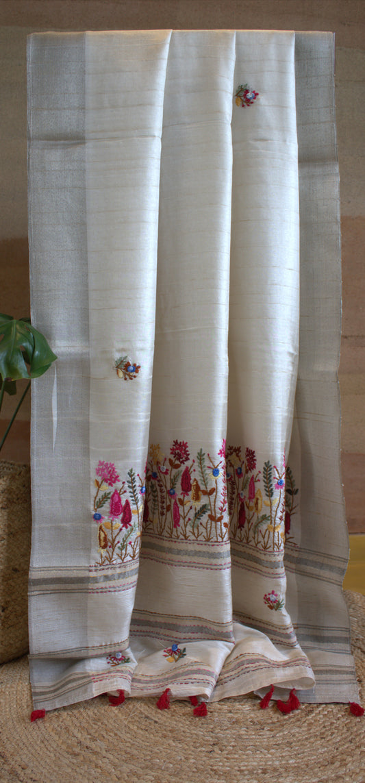 Semi Tussar silk saree with hand embroidery and running blouse