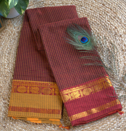 Narayanpet cotton Brown saree with Ganga Jamuna border with running blouse