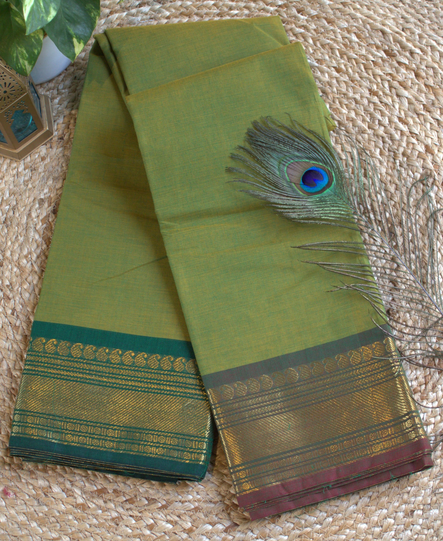 Chettinad cotton Green saree with Ganga Jamuna border (without blouse)