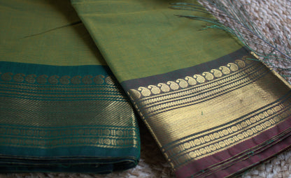 Chettinad cotton Green saree with Ganga Jamuna border (without blouse)