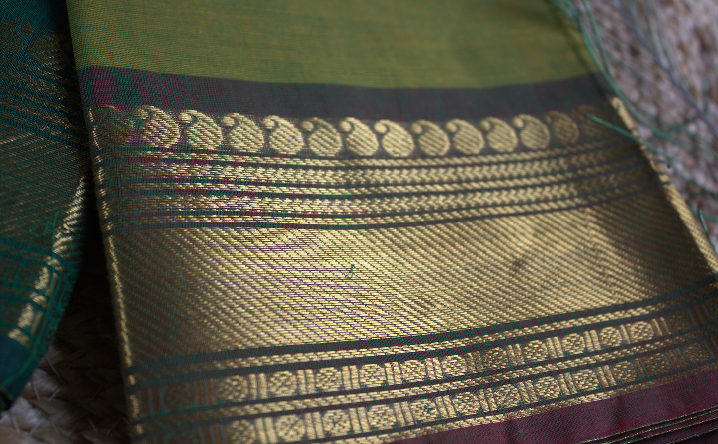 Chettinad cotton Green saree with Ganga Jamuna border (without blouse)