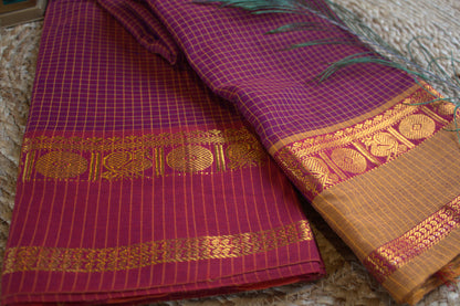 Narayanpet cotton Purple saree with Ganga Jamuna border and running blouse
