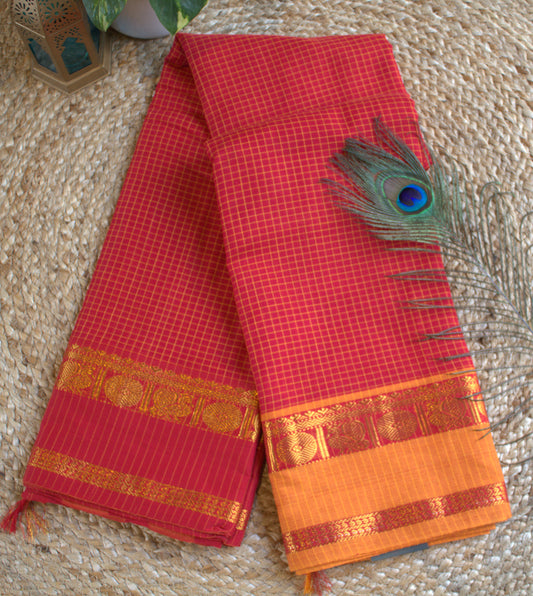 Narayanpet cotton Red saree with Ganga Jamuna border and running blouse