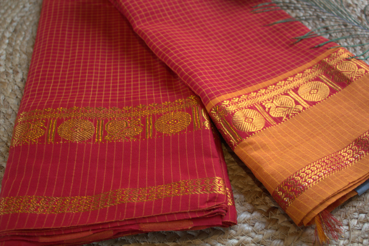 Narayanpet cotton Red saree with Ganga Jamuna border and running blouse