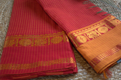 Narayanpet cotton Red saree with Ganga Jamuna border and running blouse