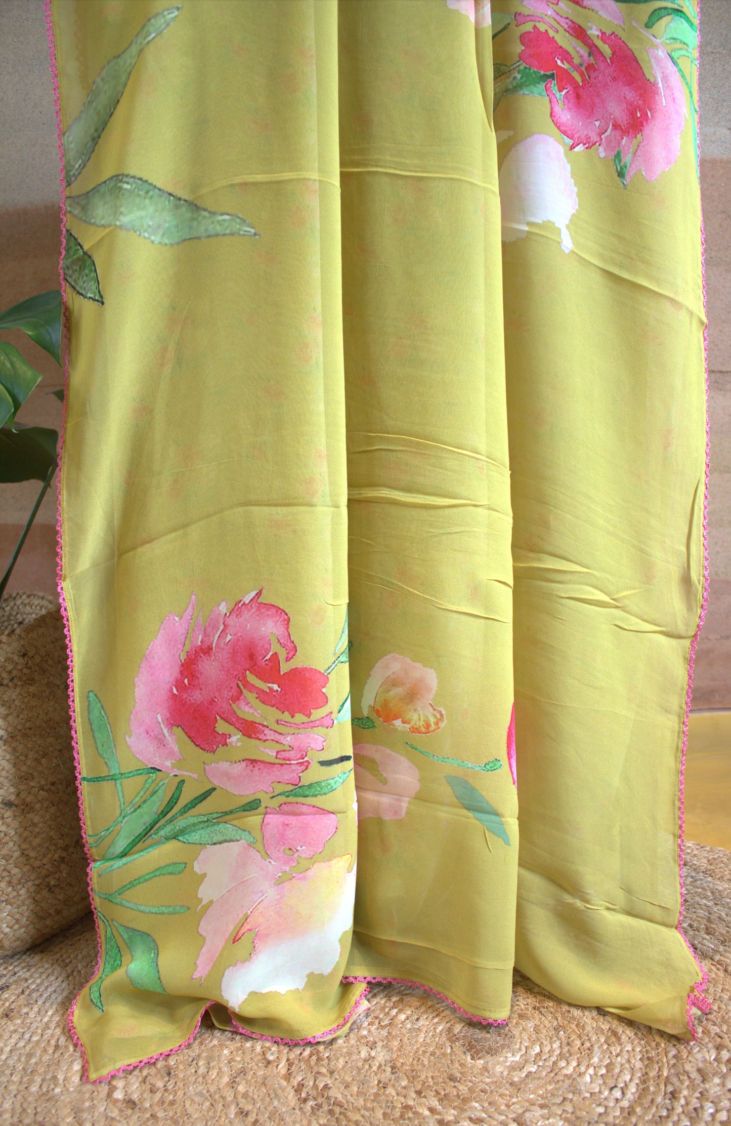 Pure Georgette Green saree with floral prints and attached printed blouse