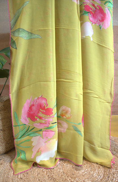Pure Georgette Green saree with floral prints and attached printed blouse