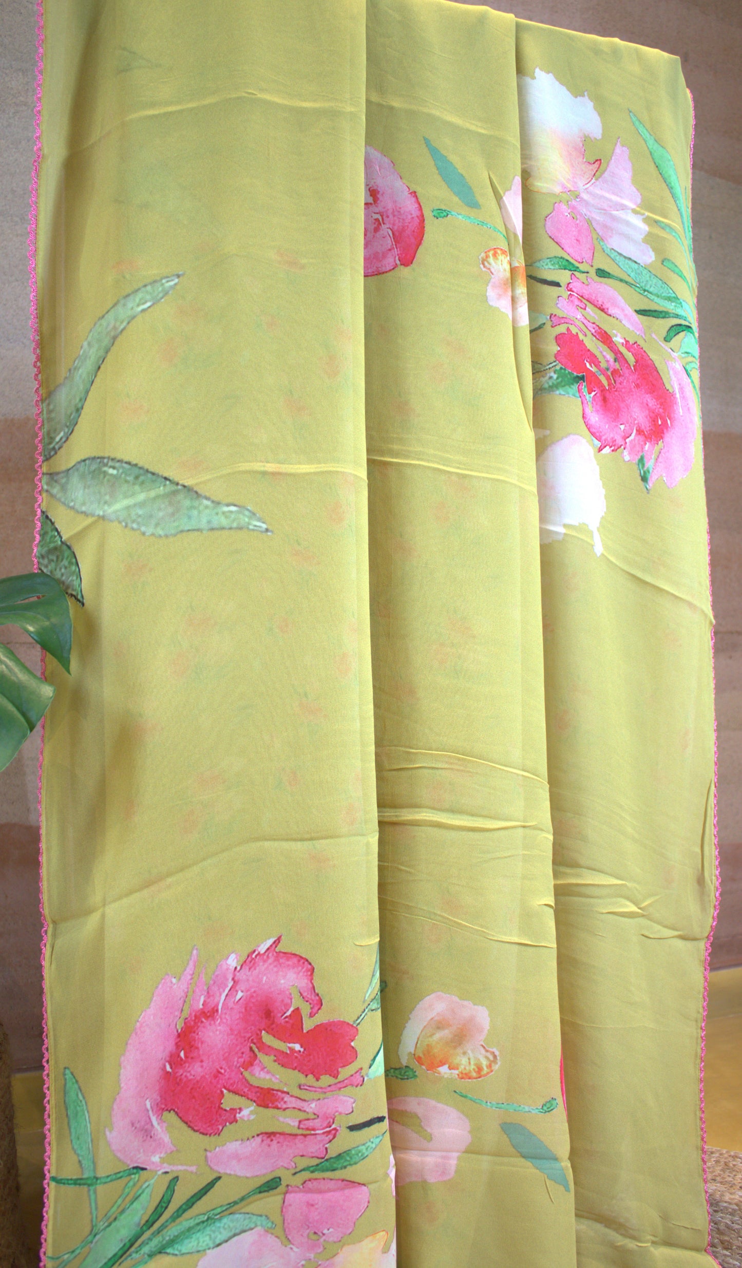 Pure Georgette Green saree with floral prints and attached printed blouse