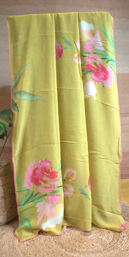 Pure Georgette Green saree with floral prints and attached printed blouse