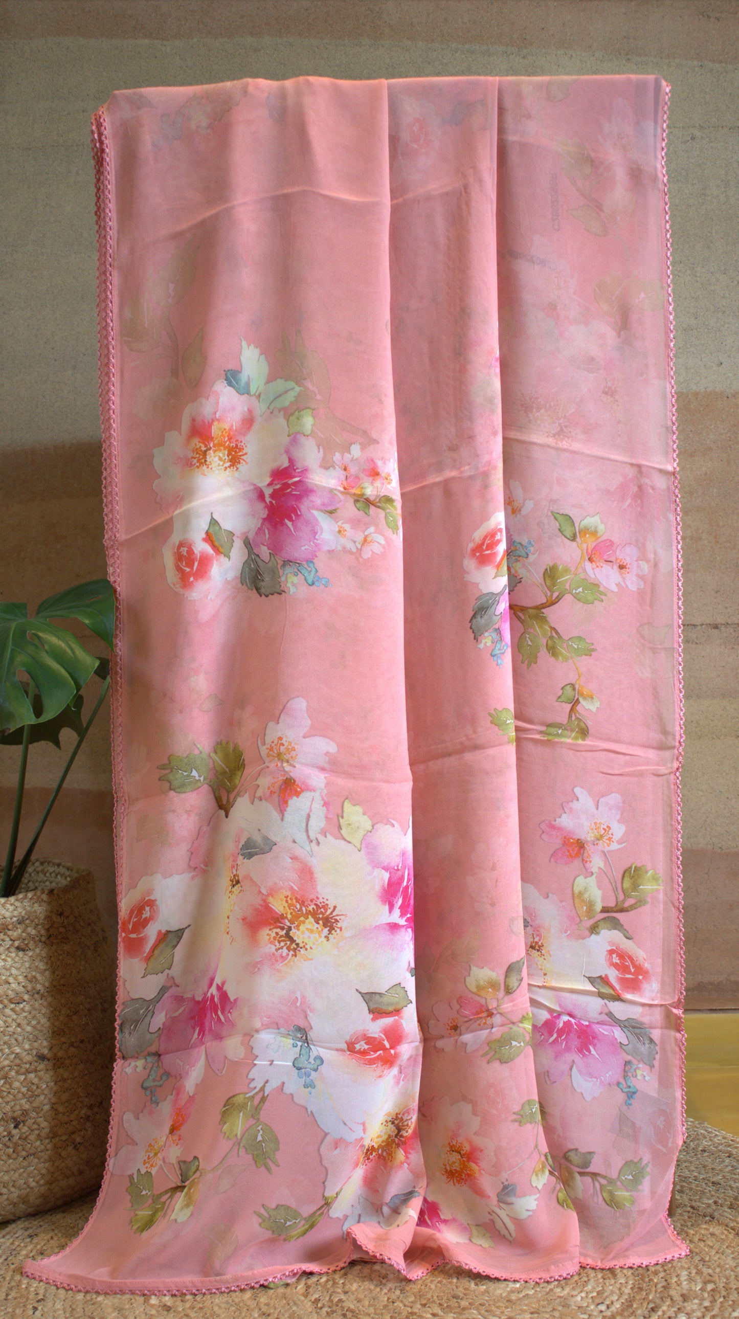 Pure Georgette Pink saree with floral print and printed blouse