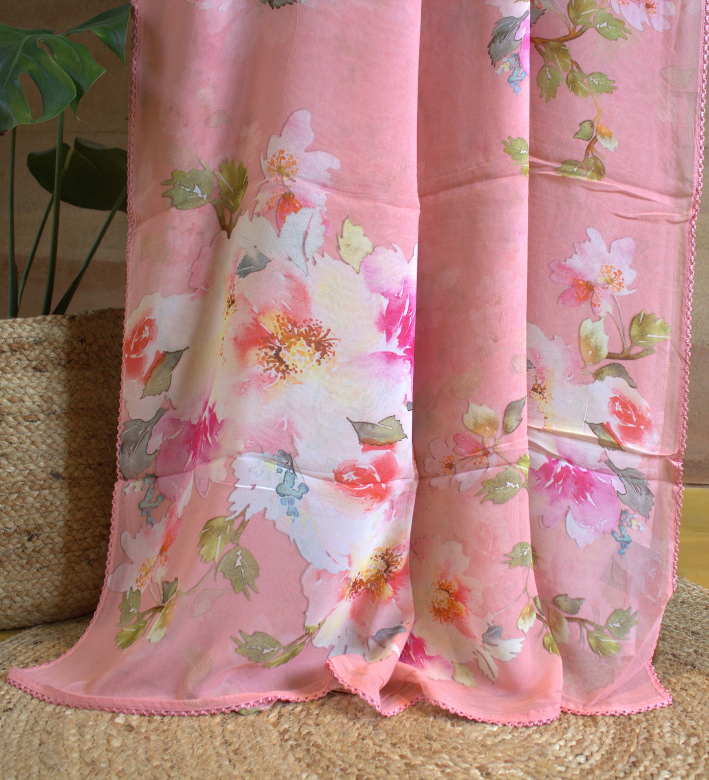 Pure Georgette Pink saree with floral print and printed blouse