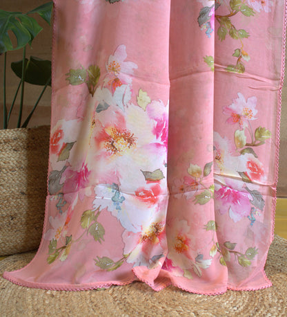 Pure Georgette Pink saree with floral print and printed blouse