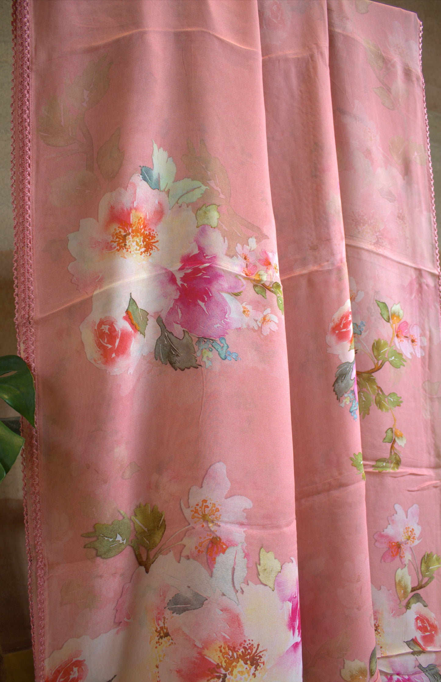 Pure Georgette Pink saree with floral print and printed blouse
