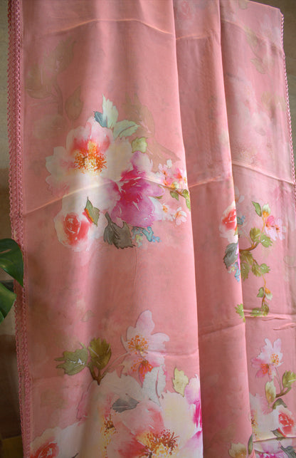 Pure Georgette Pink saree with floral print and printed blouse