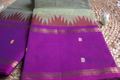 Kanchi cotton Green saree with purple temple border and running blouse