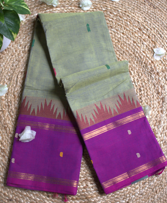 Kanchi cotton Green saree with purple temple border and running blouse