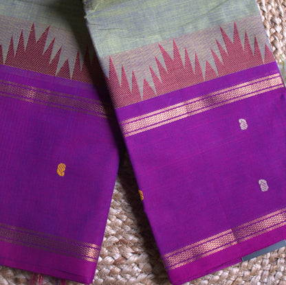 Kanchi cotton Green saree with purple temple border and running blouse