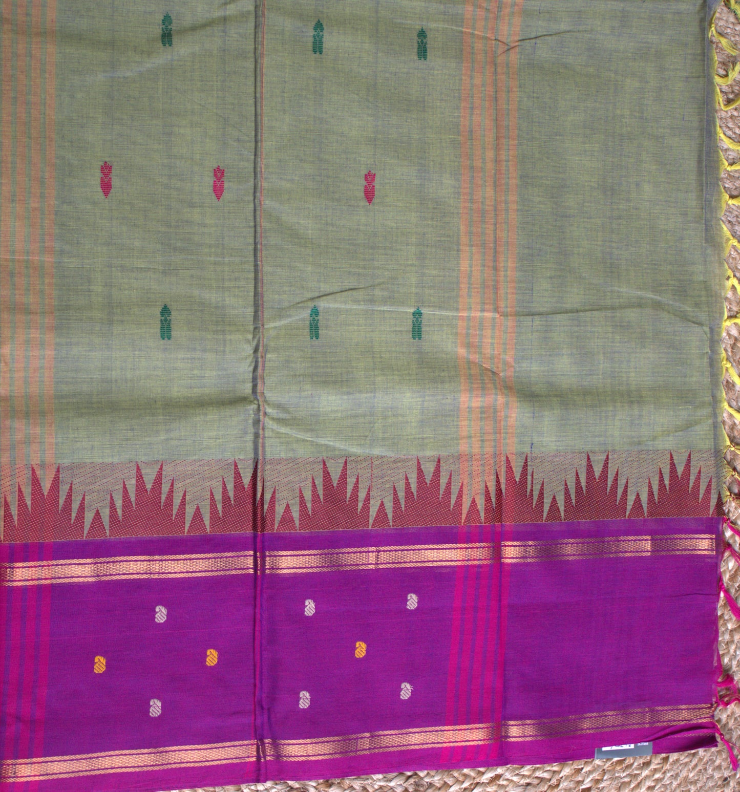 Kanchi cotton Green saree with purple temple border and running blouse