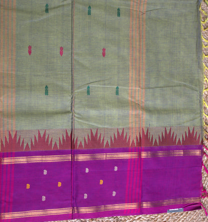 Kanchi cotton Green saree with purple temple border and running blouse
