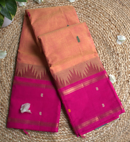 Kanchi cotton  Orange saree with Pink temple borer and running blouse