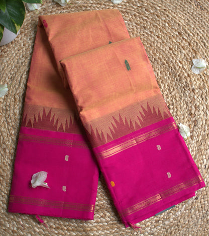 Kanchi cotton  Orange saree with Pink temple borer and running blouse