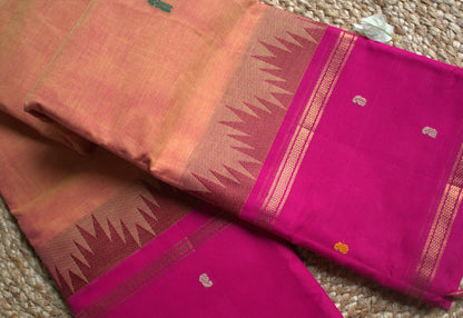 Kanchi cotton  Orange saree with Pink temple borer and running blouse