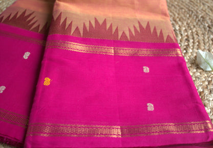 Kanchi cotton  Orange saree with Pink temple borer and running blouse