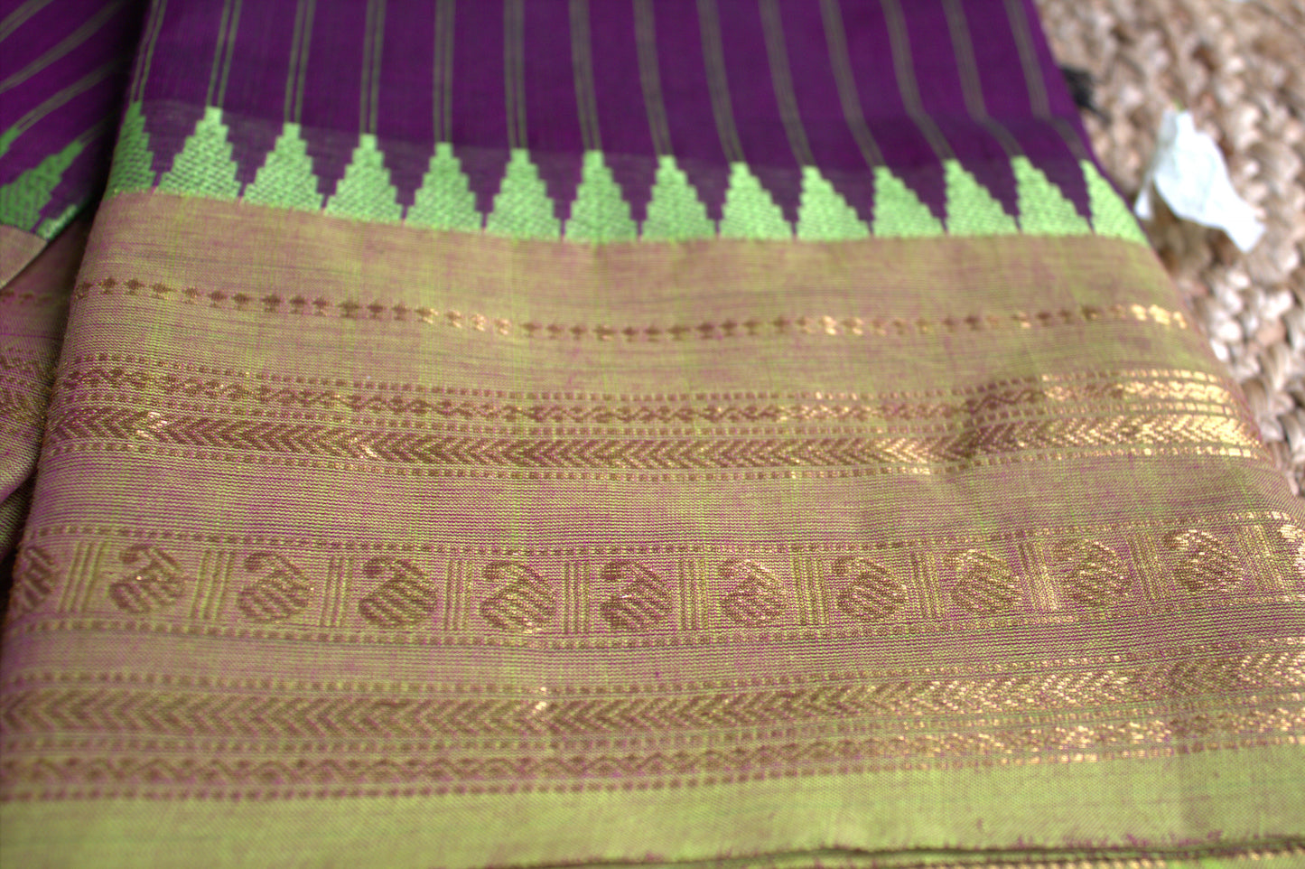 Kanchi cotton Purple with Green temple border and running blouse