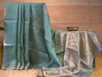 Silk linen Blue saree with birds weaving and plain running blouse
