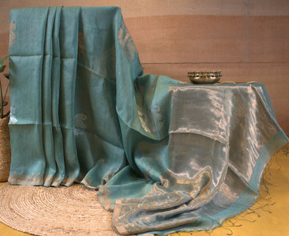 Silk linen Blue saree with birds weaving and plain running blouse