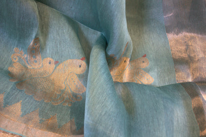 Silk linen Blue saree with birds weaving and plain running blouse