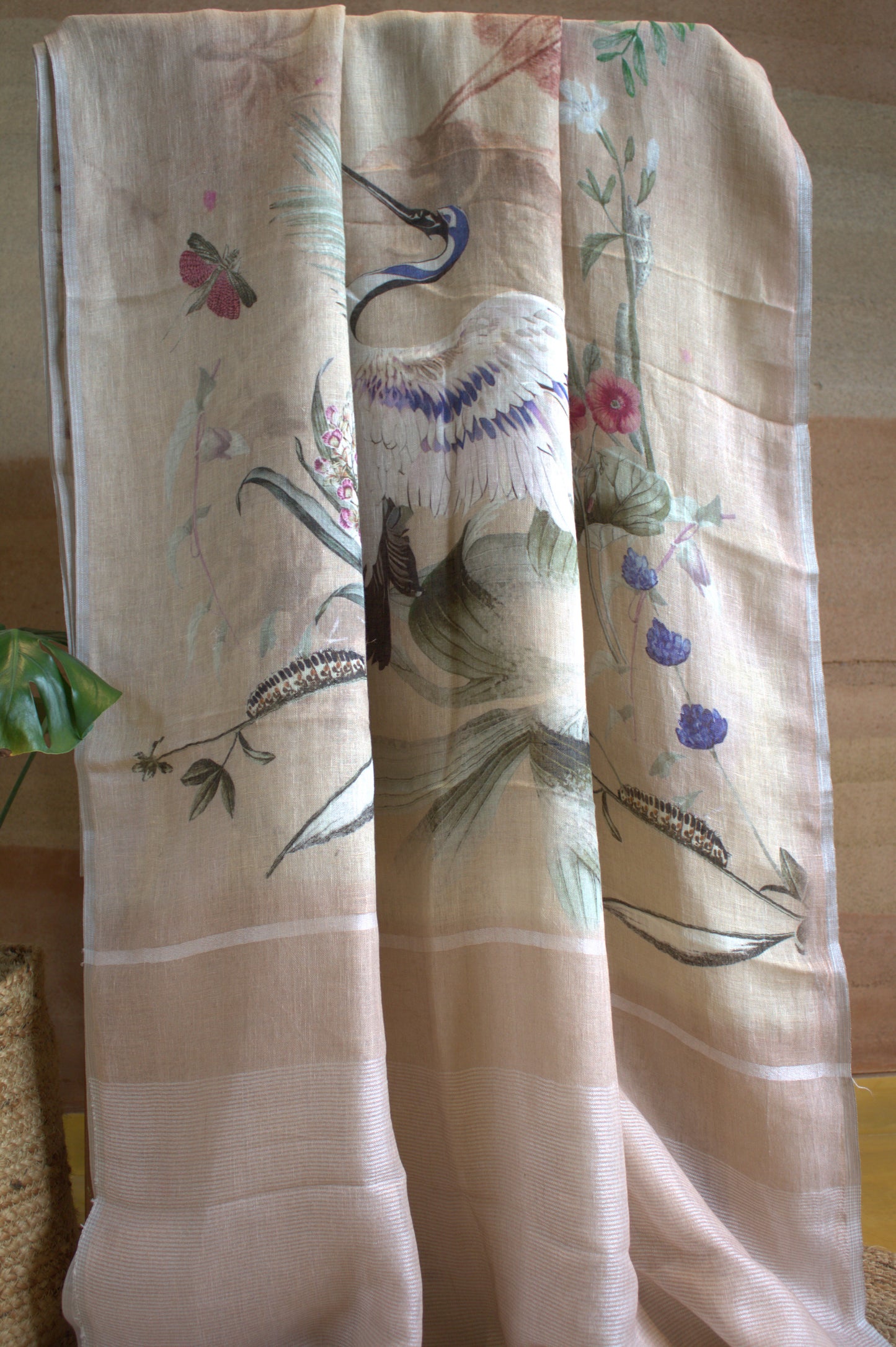 Pure Linen Light brown saree with prints and attached blouse