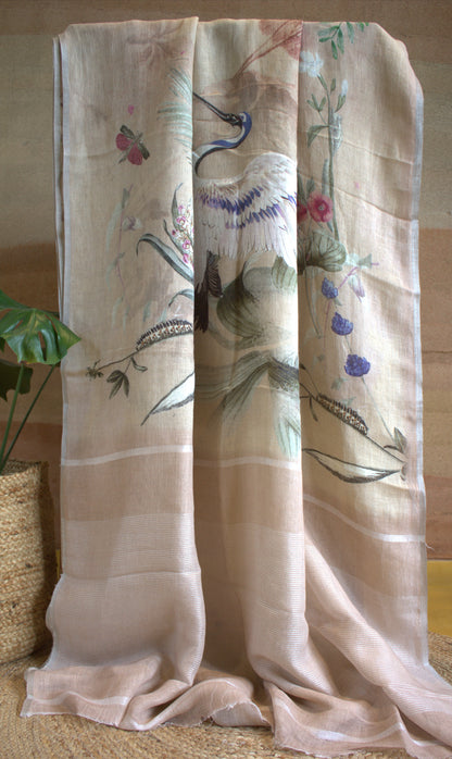 Pure Linen Light brown saree with prints and attached blouse