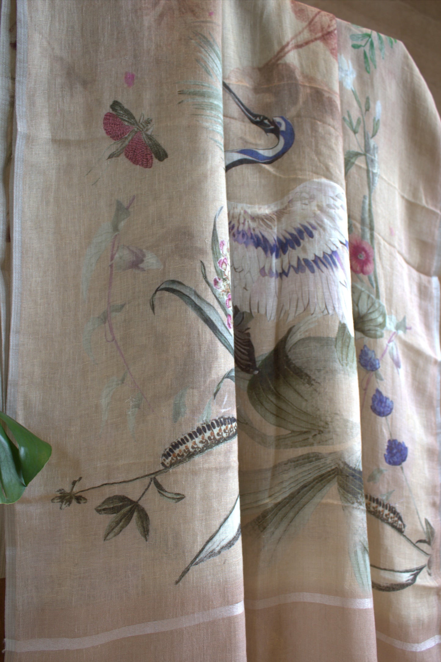 Pure Linen Light brown saree with prints and attached blouse