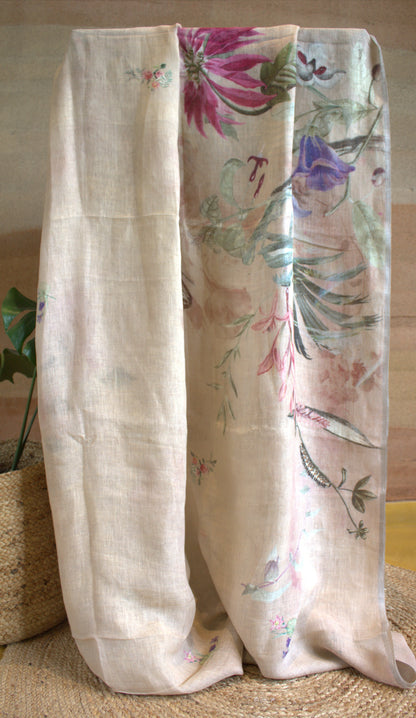 Pure Linen Light brown saree with prints and attached blouse