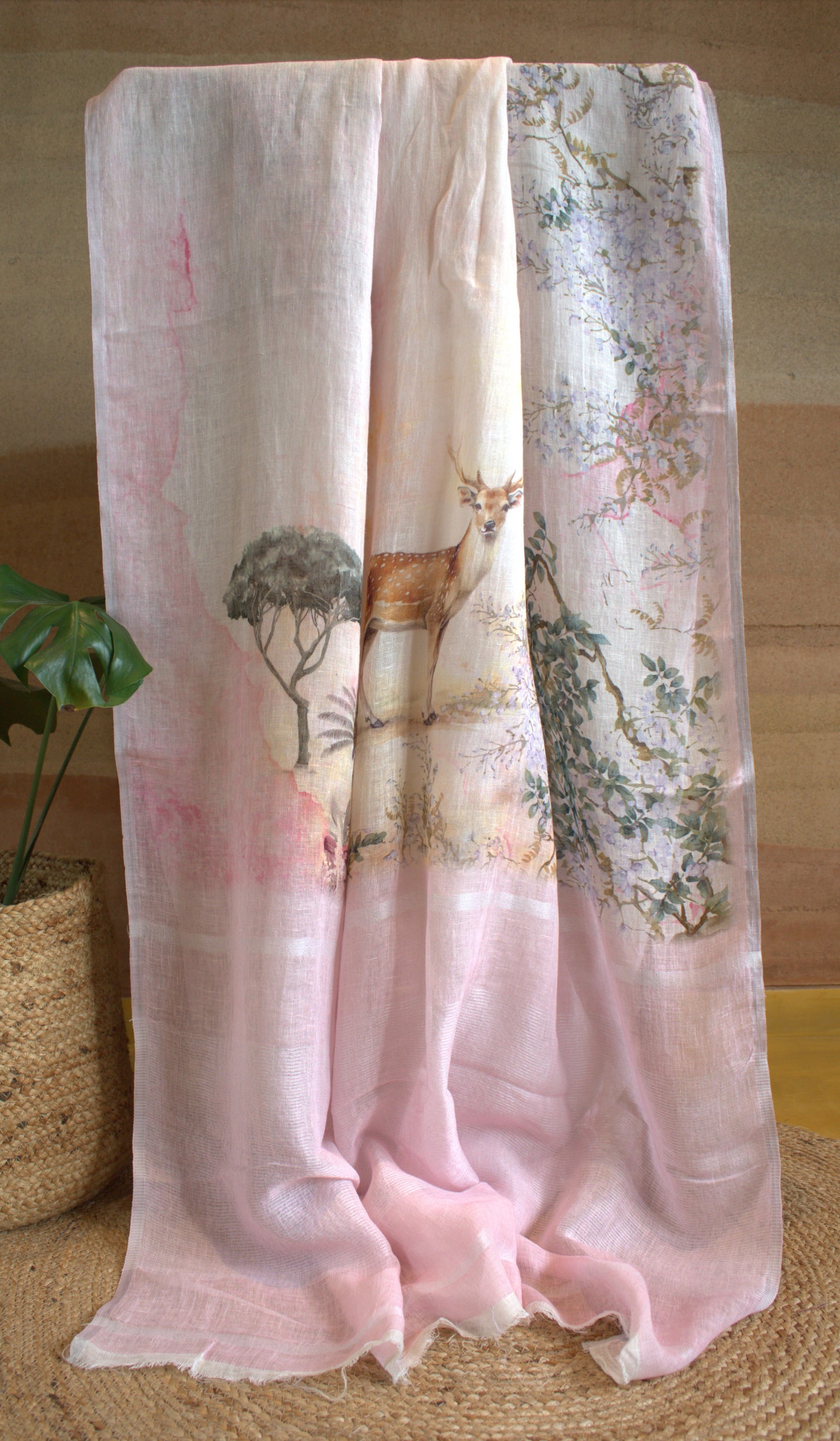 Pure Linen Pink saree with prints and attached blouse