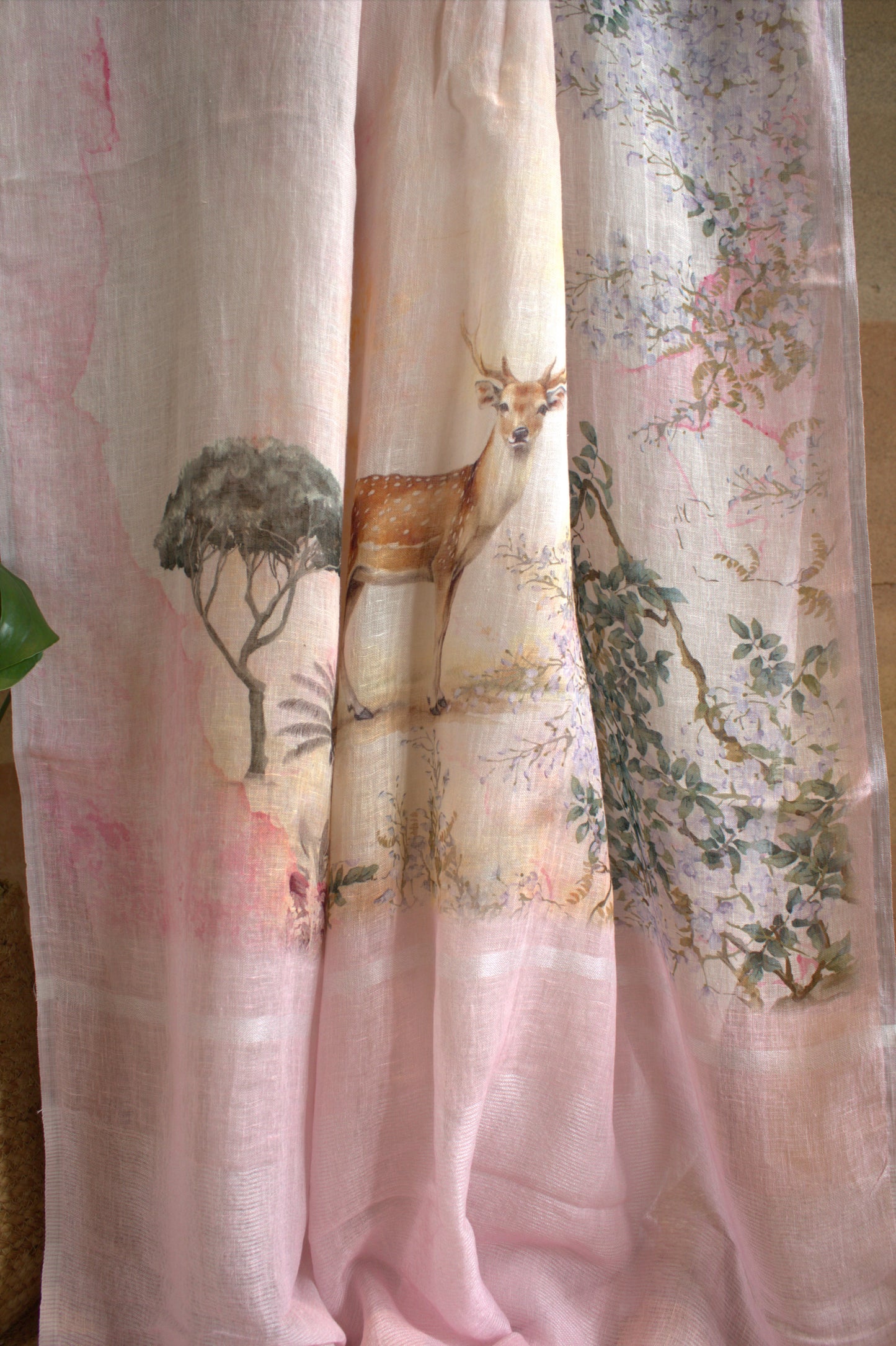 Pure Linen Pink saree with prints and attached blouse