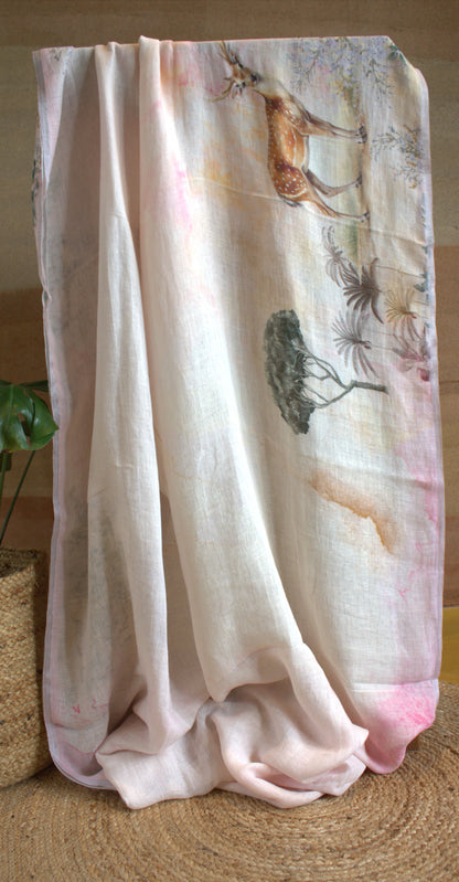 Pure Linen Pink saree with prints and attached blouse