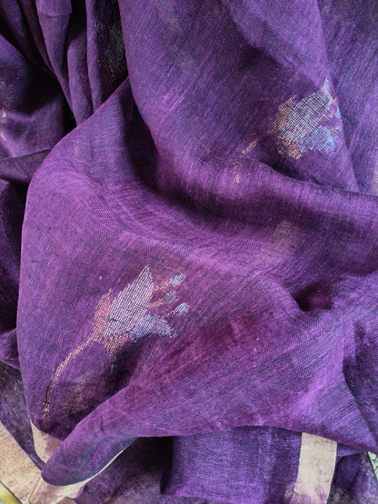 Pure Linen Purple saree with tulip weaving and running blouse