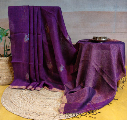 Pure Linen Purple saree with tulip weaving and running blouse